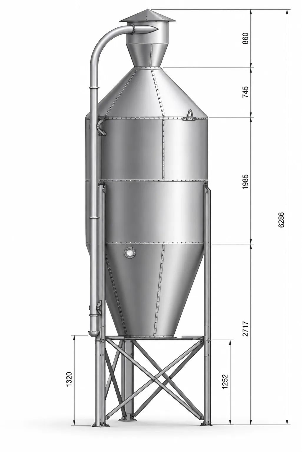 Metallsilo med konisk bund, stige og målangivelser på siden.