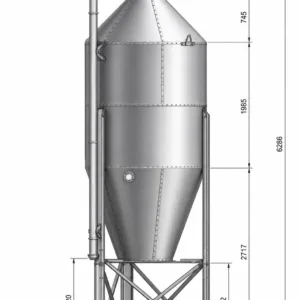 Metallsilo med konisk bund, stige og målangivelser på siden.